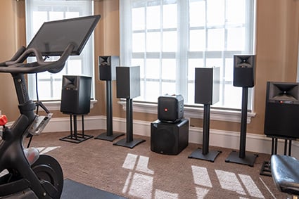 Home Gym with a lineup of speakers