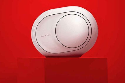 Devialet Phantom on red pedestal