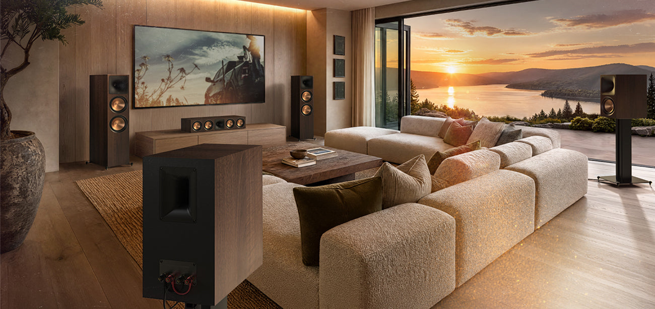 Lifestyle photo of Klipsch Reference Premiere Series III in walnut in a living room