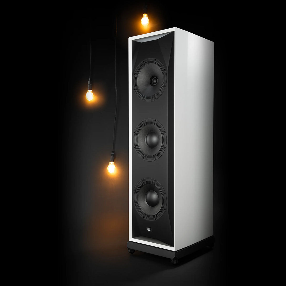 MoFi SourcePoint 888 Floorstanding Speakers - single white speaker angled left on dark background with lightbulbs