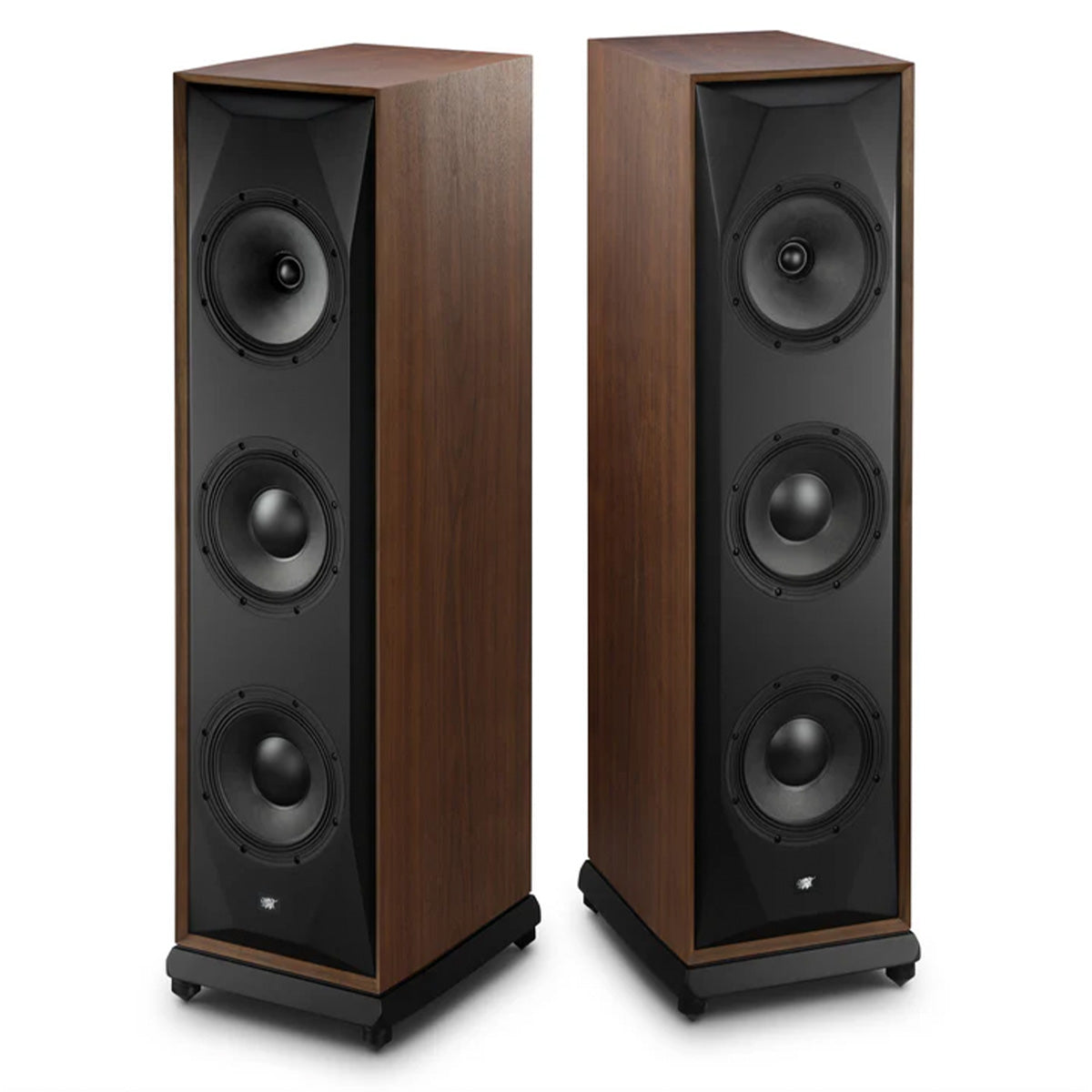 MoFi SourcePoint 888 Floorstanding Speakers - Pair of walnut speakers without grilles angled away from each other