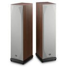 MoFi SourcePoint 888 Floorstanding Speakers - Pair of walnut speakers with gray grilles angled away from each other
