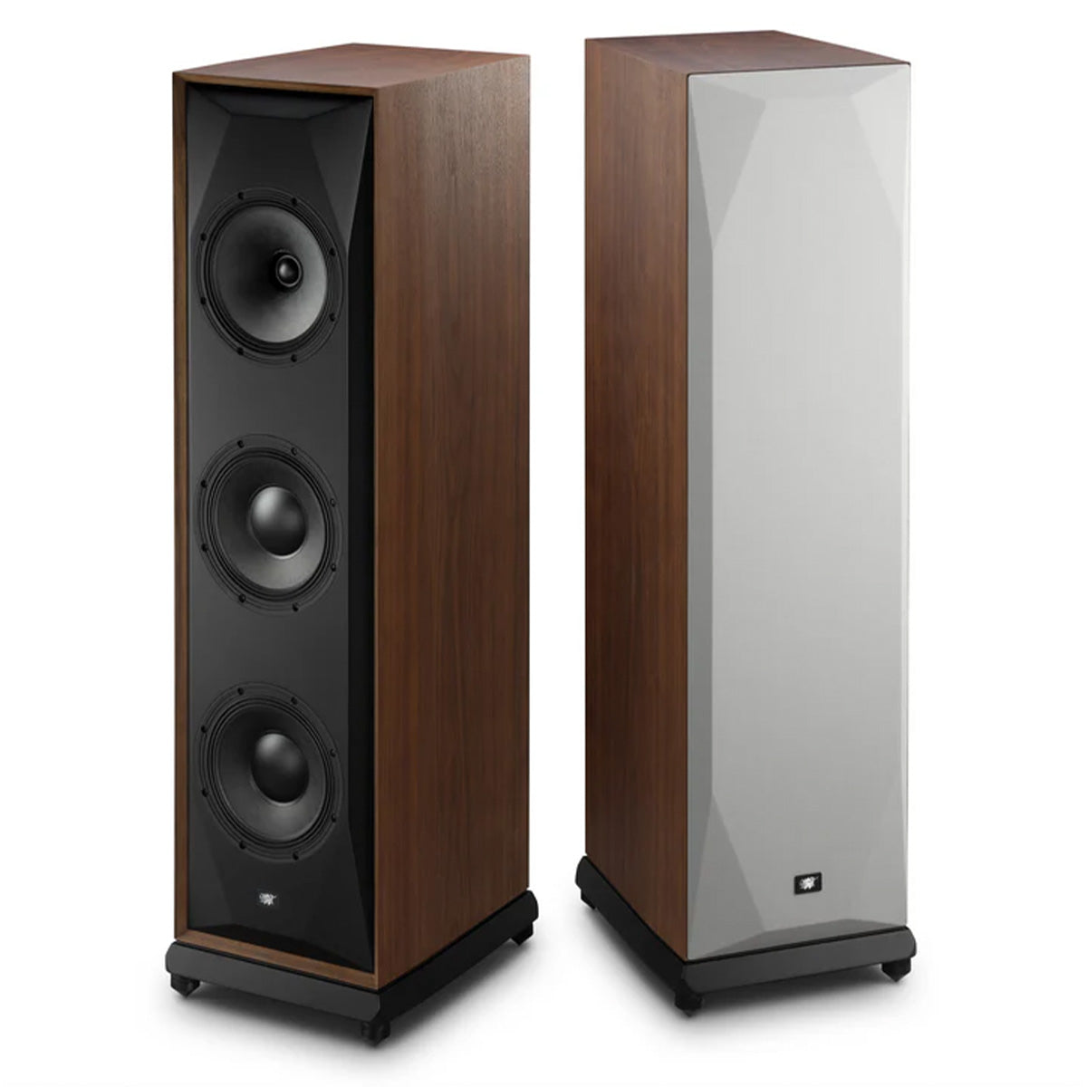 MoFi SourcePoint 888 Floorstanding Speakers - Pair of walnut speakers angled away from each other, left speaker without grille and right speaker with grille