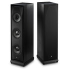 MoFi SourcePoint 888 Floorstanding Speakers - Pair of black speakers angled away from each other, left speaker without grille and right speaker with grille