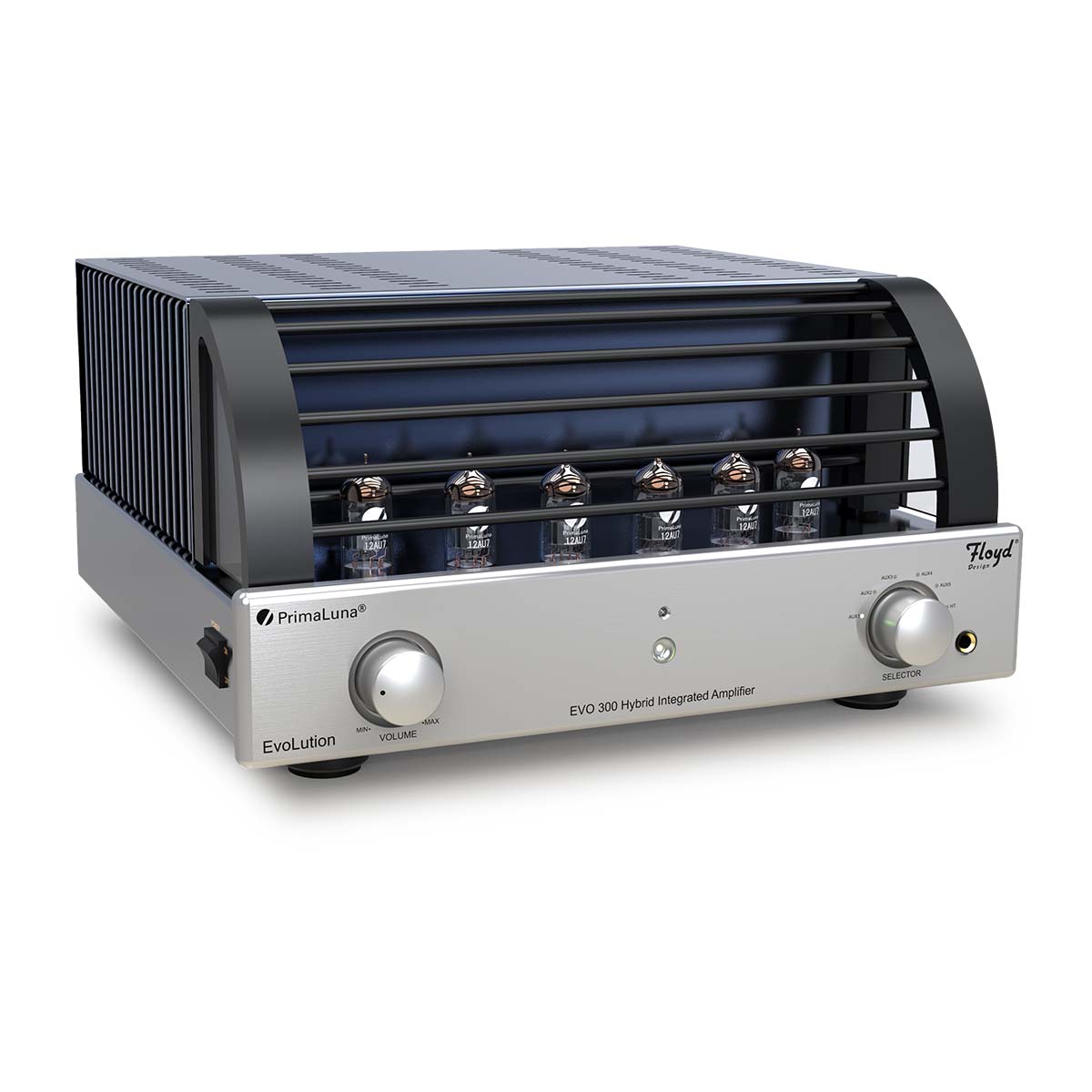PrimaLuna Evo 300 Hybrid Tube Integrated Amplifier - Silver - front view angled right with grille