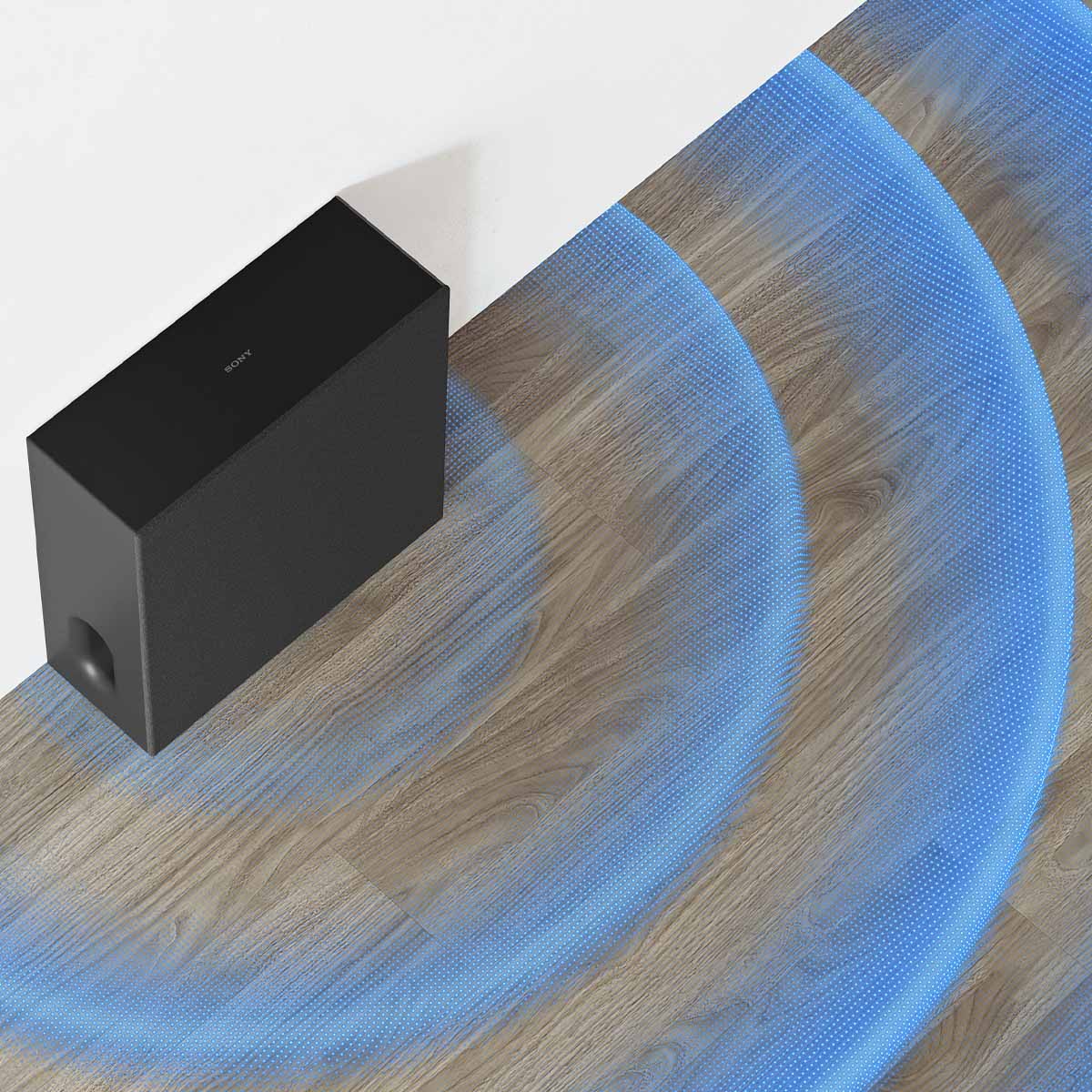 Sony BRAVIA Sub 7 Wireless Subwoofer lifestyle photo top down with graphic displaying soundwaves radiating from subwoofer