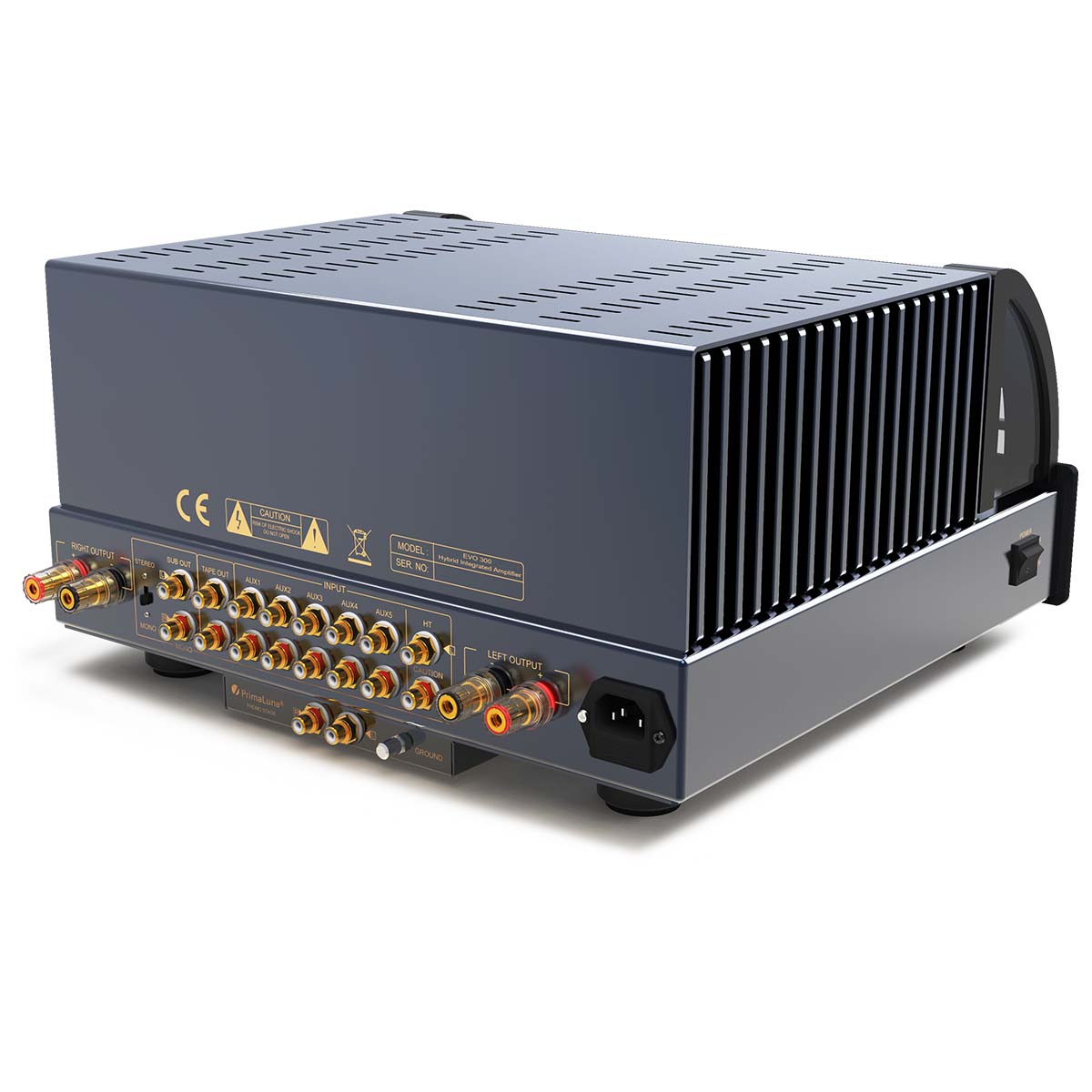 PrimaLuna Evo 300 Hybrid Tube Integrated Amplifier - Black - rear view facing left with grille