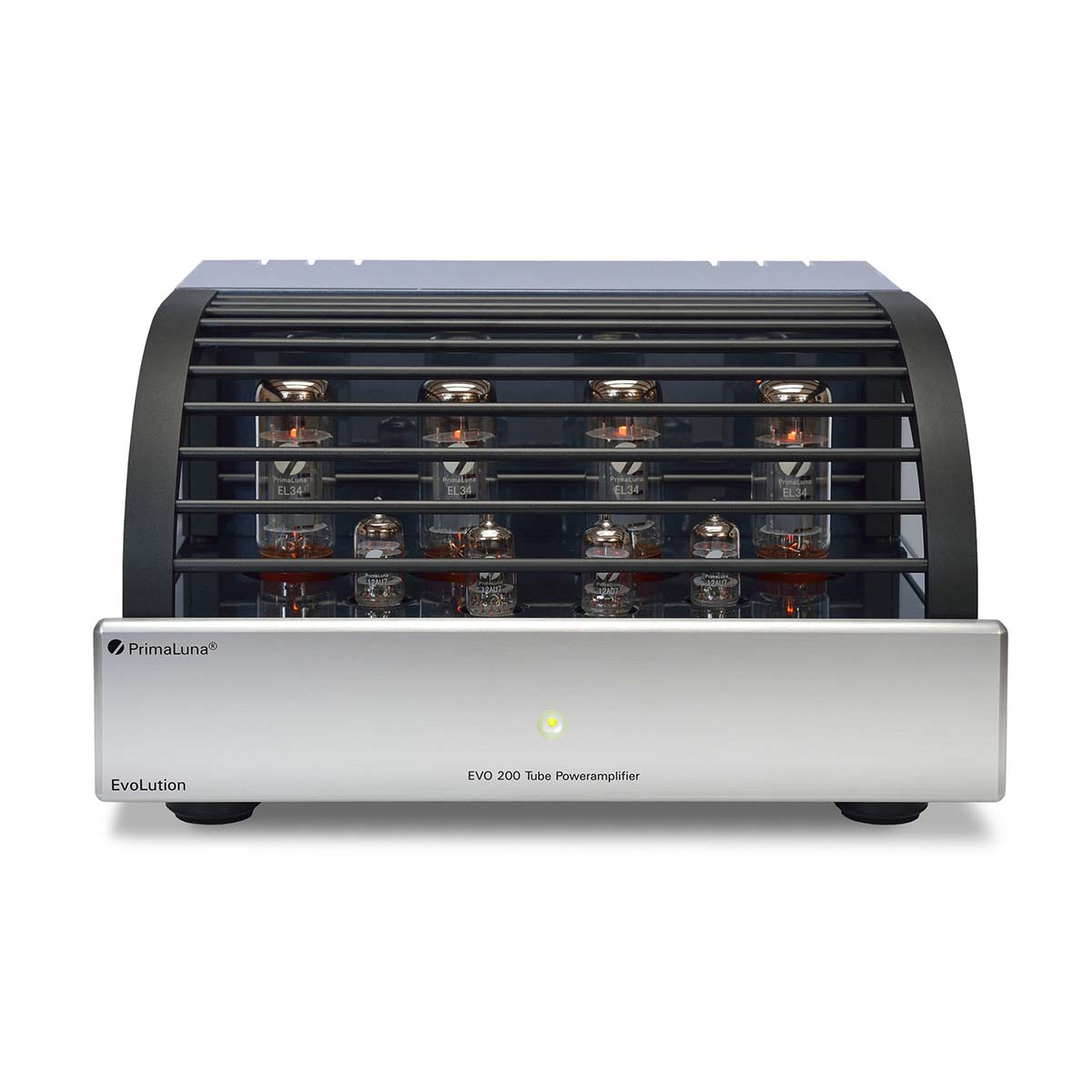 PrimaLuna Evo 200 Tube Power Amplifier - Silver - front view with grille