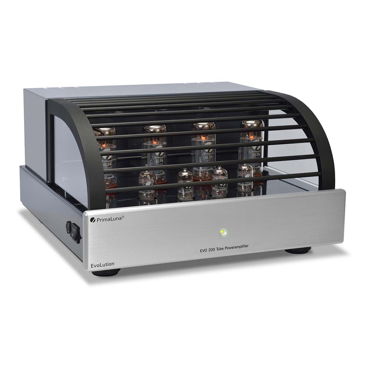PrimaLuna Evo 200 Tube Power Amplifier - Silver - front view angled right with grille
