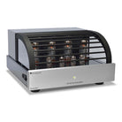 PrimaLuna Evo 200 Tube Power Amplifier - Silver - front view angled right with grille