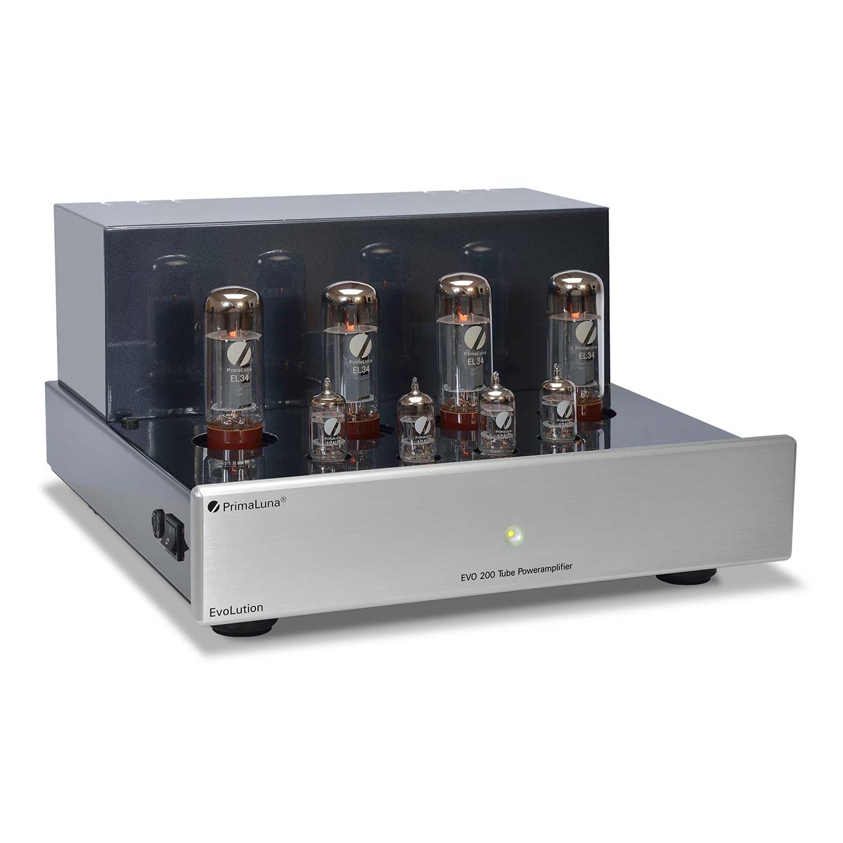 PrimaLuna Evo 200 Tube Power Amplifier - Silver - front view angled right without grille