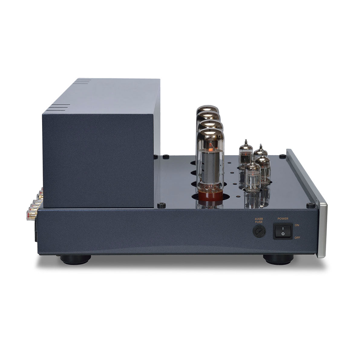 PrimaLuna Evo 200 Tube Power Amplifier - Silver - side view facing right without grille