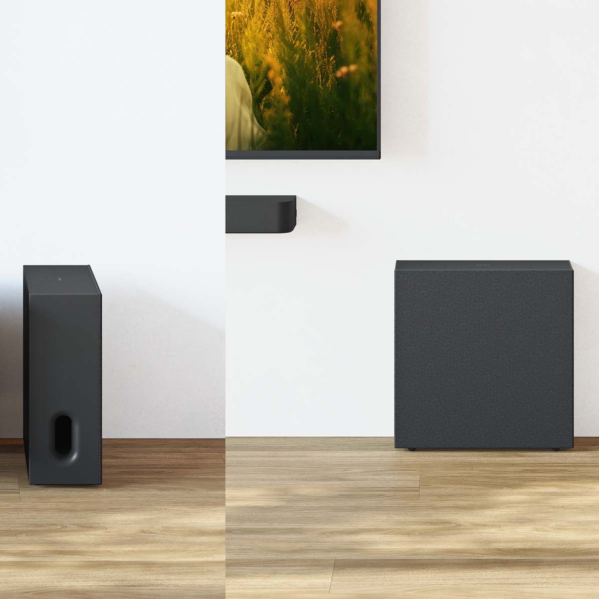 Sony BRAVIA Sub 7 Wireless Subwoofer side by side lifestyle showing subwoofer oriented perpendicular to wall on left and parallel to wall on right
