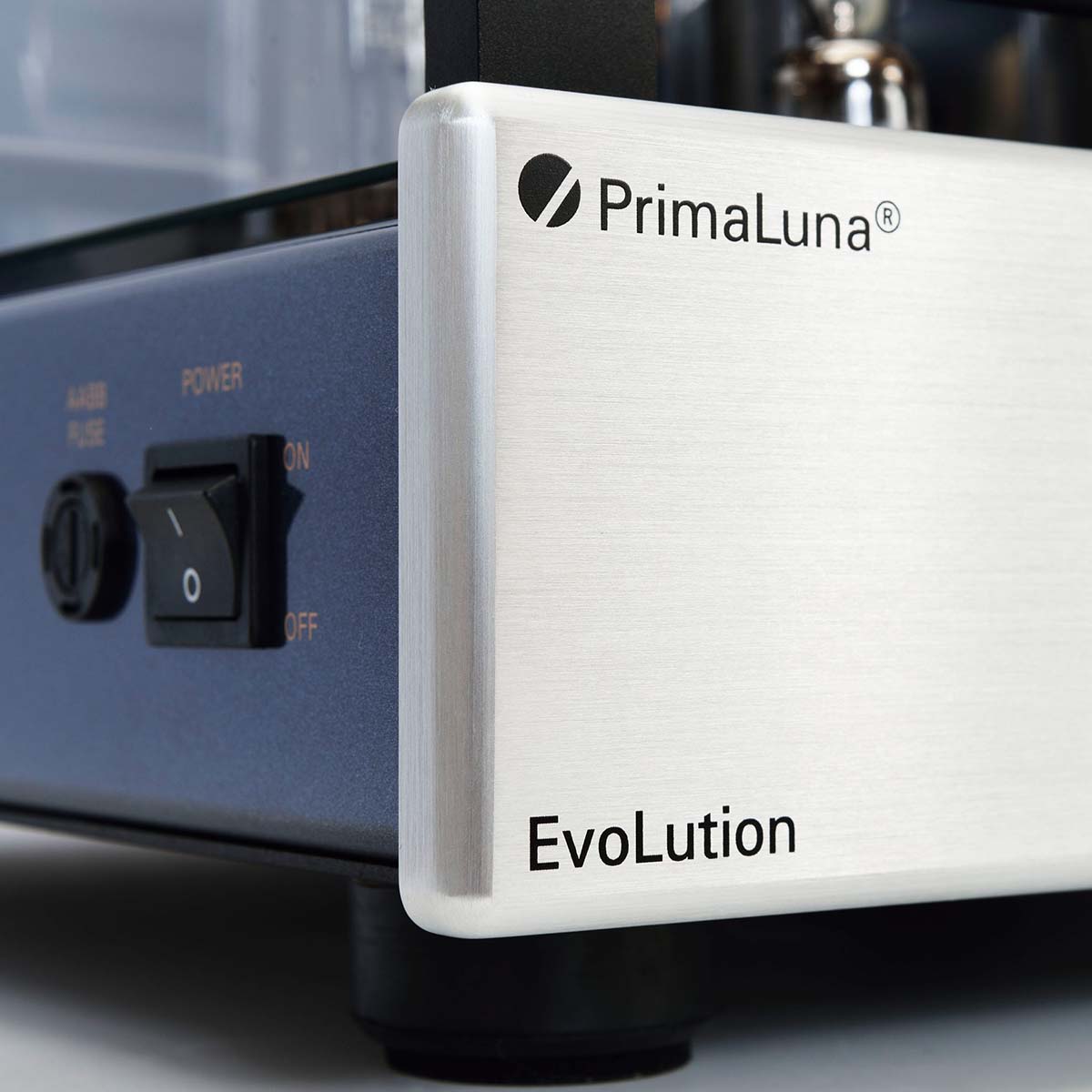 PrimaLuna Evo 200 Tube Power Amplifier - Silver - detail of front left corner