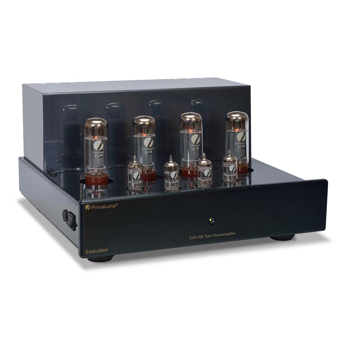 PrimaLuna Evo 200 Tube Power Amplifier - Black - front view angled right without grille
