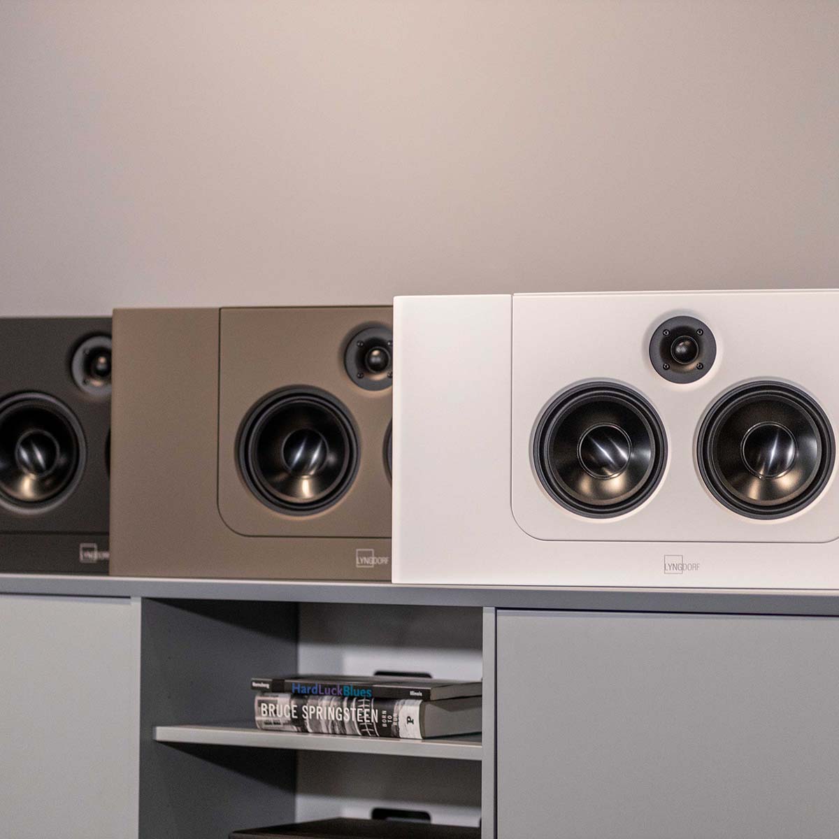 Lyngdorf LCR-2 On-Wall LCR Speaker - three speakers, L-R black brown white, all on cabinet