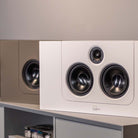Lyngdorf LCR-2 On-Wall LCR Speaker - two speakers, L-R brown white, on cabinet