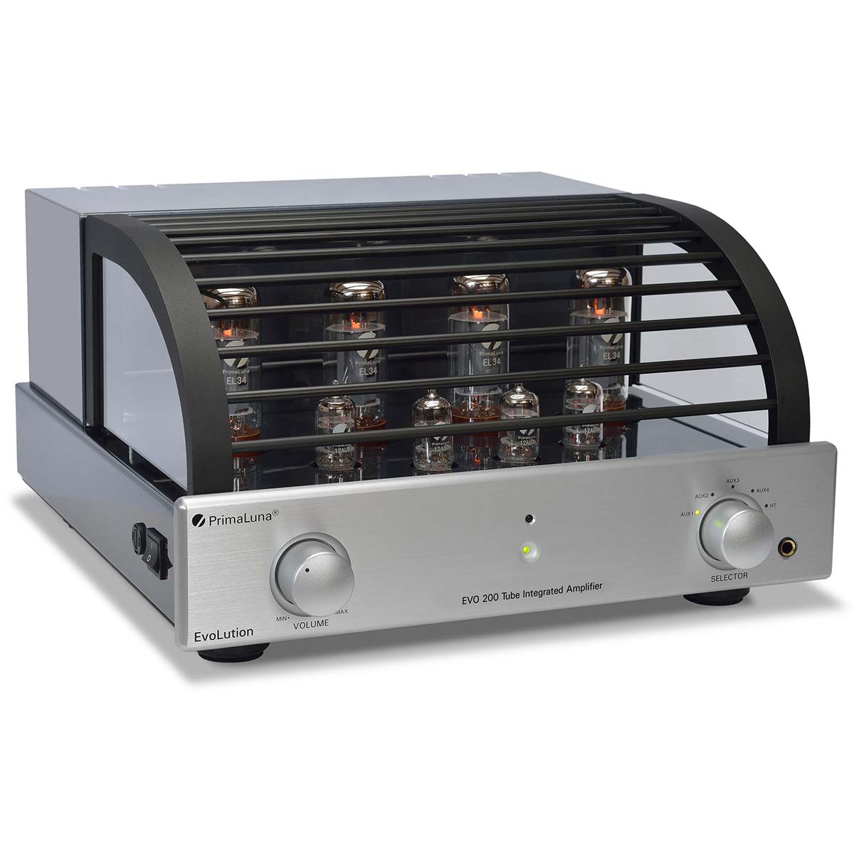 PrimaLuna Evo 200 Tube Integrated Amplifier - Silver - front view angled right with grille