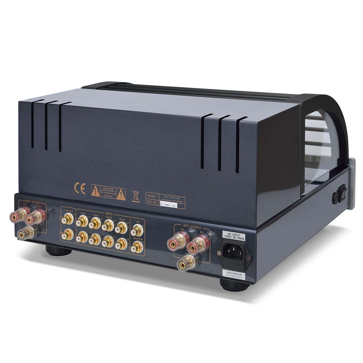 PrimaLuna Evo 200 Tube Integrated Amplifier - Silver - rear view angled left with grille
