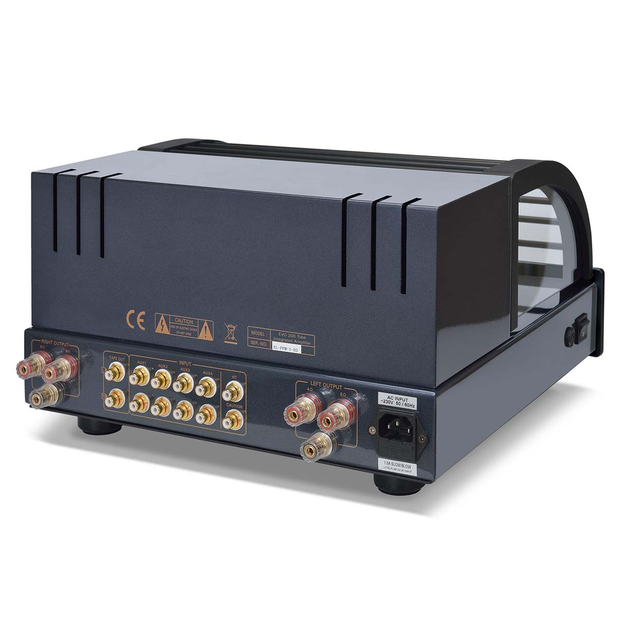 PrimaLuna Evo 200 Tube Integrated Amplifier - Black - rear view angled left with grille