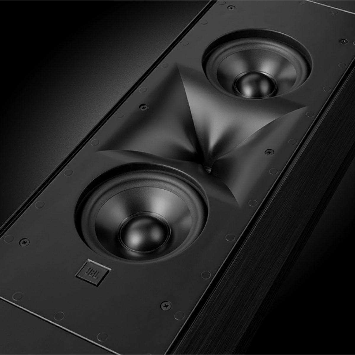 Close up of horns and woofers of a JBL Synthesis SCL-9 2-Way Dual 5.25-Inch On-Wall Loudspeaker 