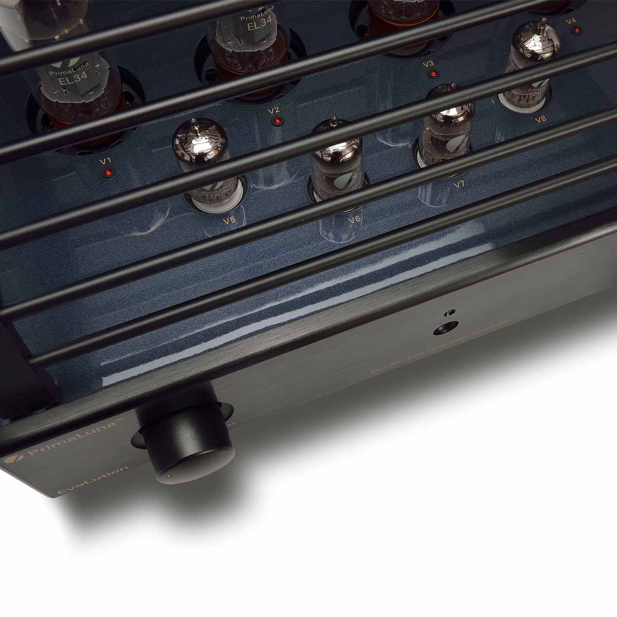PrimaLuna Evo 200 Tube Integrated Amplifier - Black - detail of front top of unit