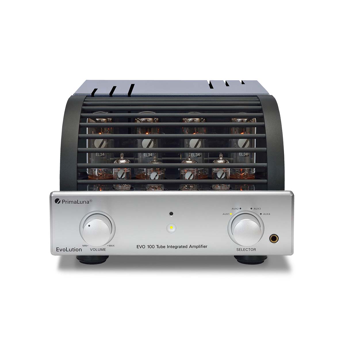 PrimaLuna Evo 100 Tube Integrated Amplifier - Silver - front view with grille