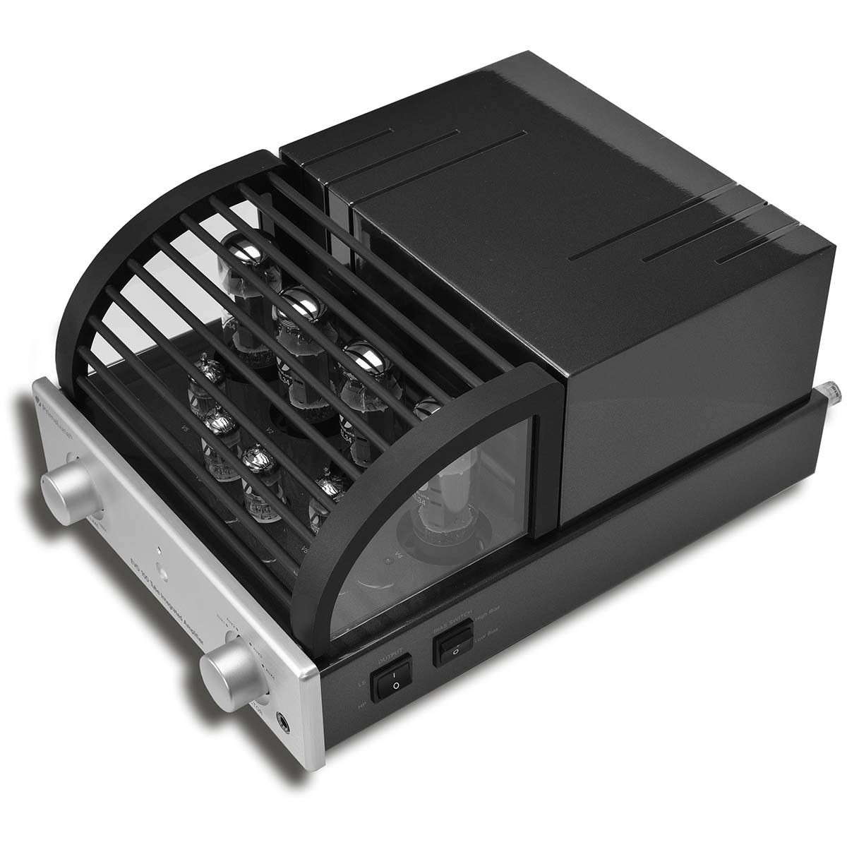PrimaLuna Evo 100 Tube Integrated Amplifier - Silver - top view angled left with grille