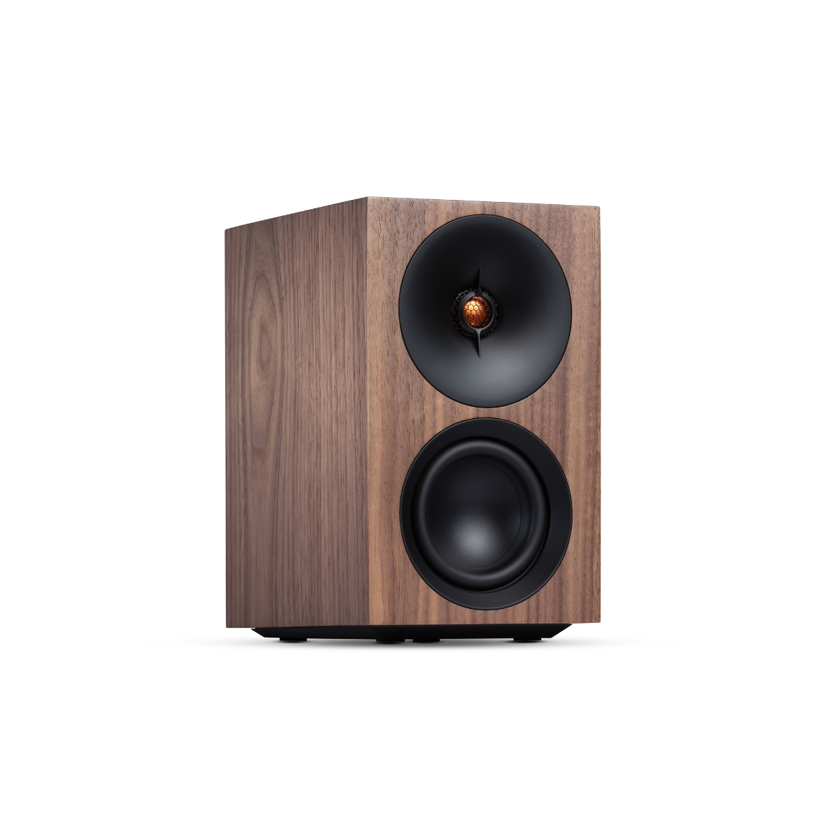 Walnut Cambridge Audio L/R S Ultra Compact Active Stereo Speakers with black drivers on a white background
