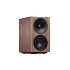 Walnut Cambridge Audio L/R S Ultra Compact Active Stereo Speakers with black drivers on a white background