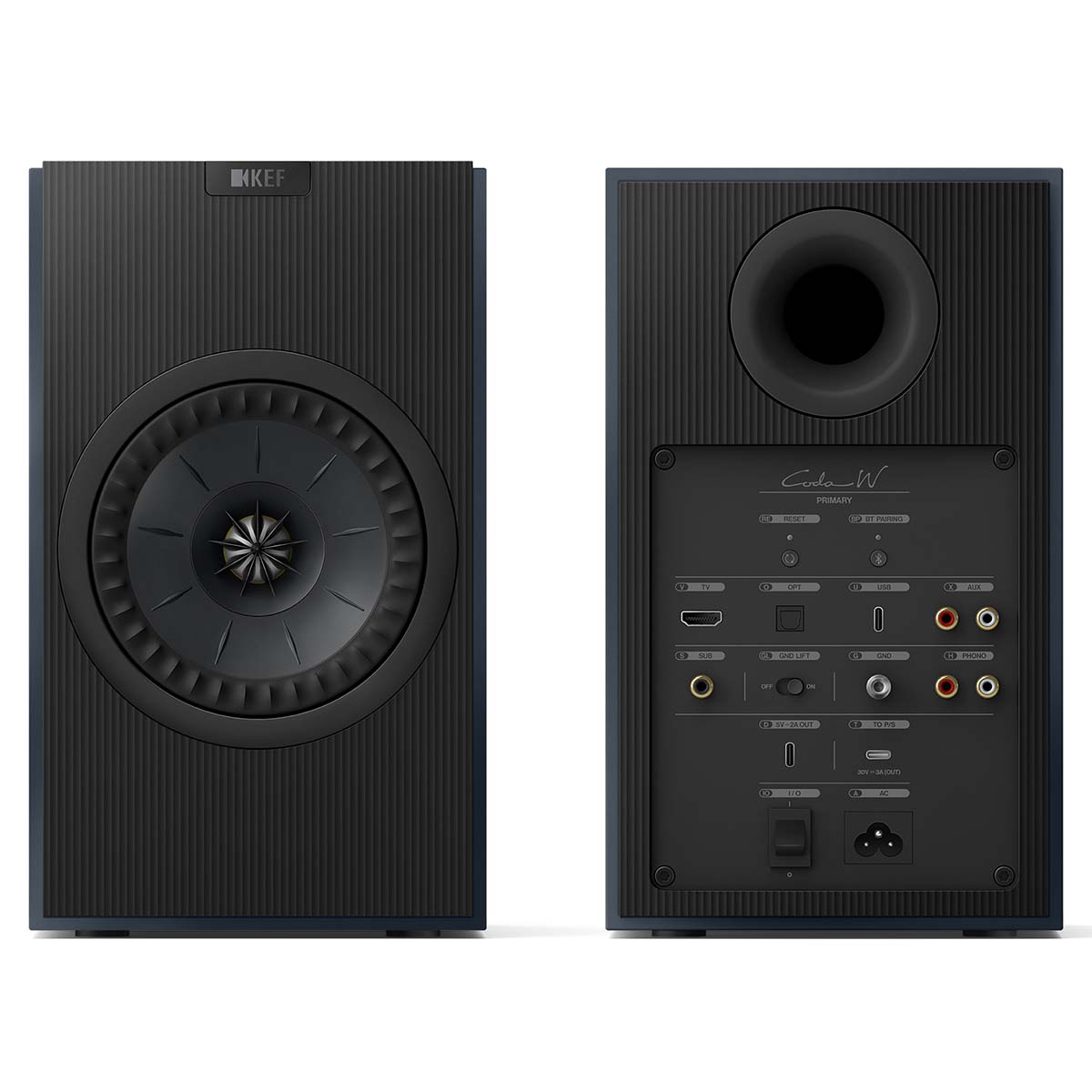 KEF Coda W Powered Speakers - Midnight Blue - pair of speakers rear view of right speaker front view of left speaker