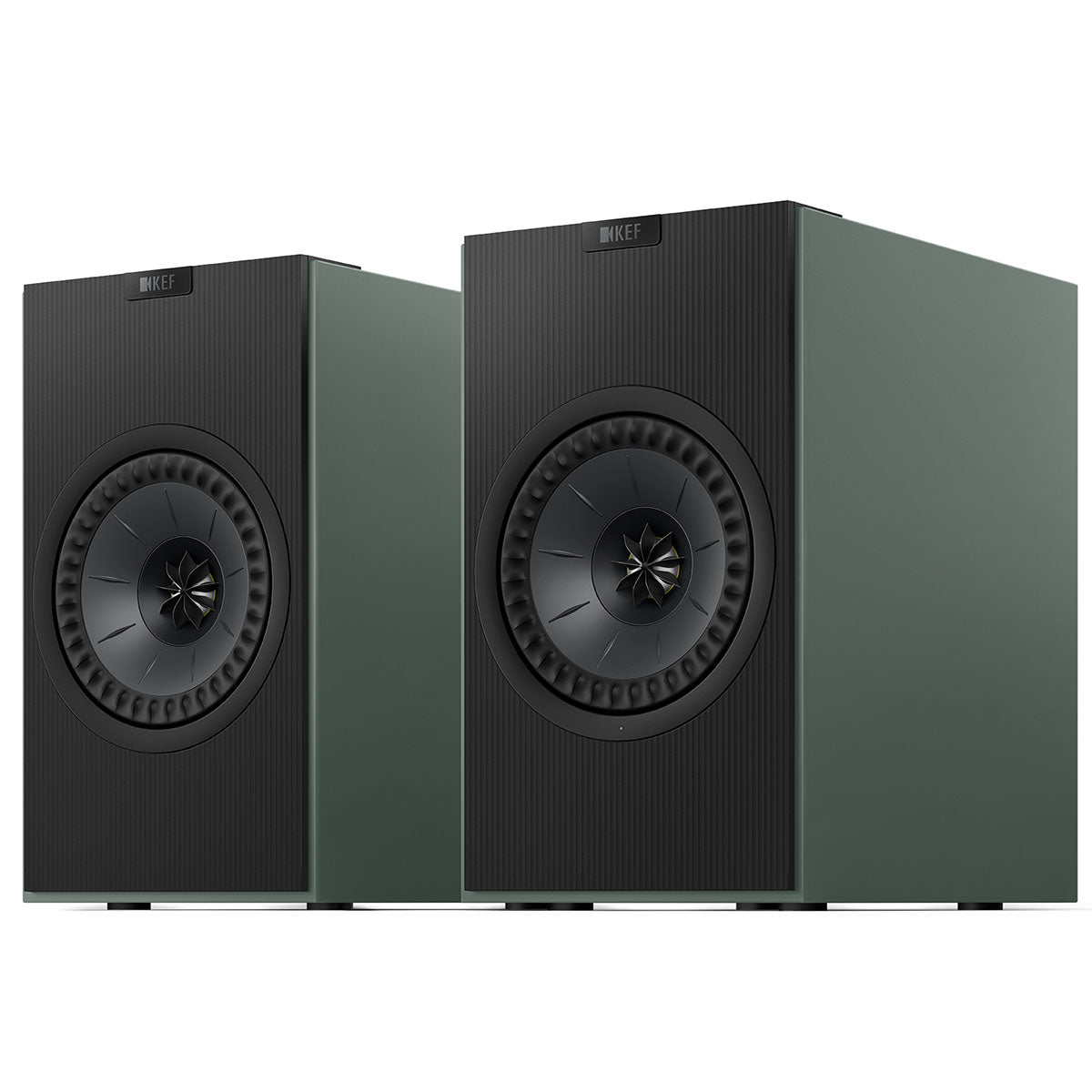 KEF Coda W Powered Speakers - Moss Green - pair of speakers angled left