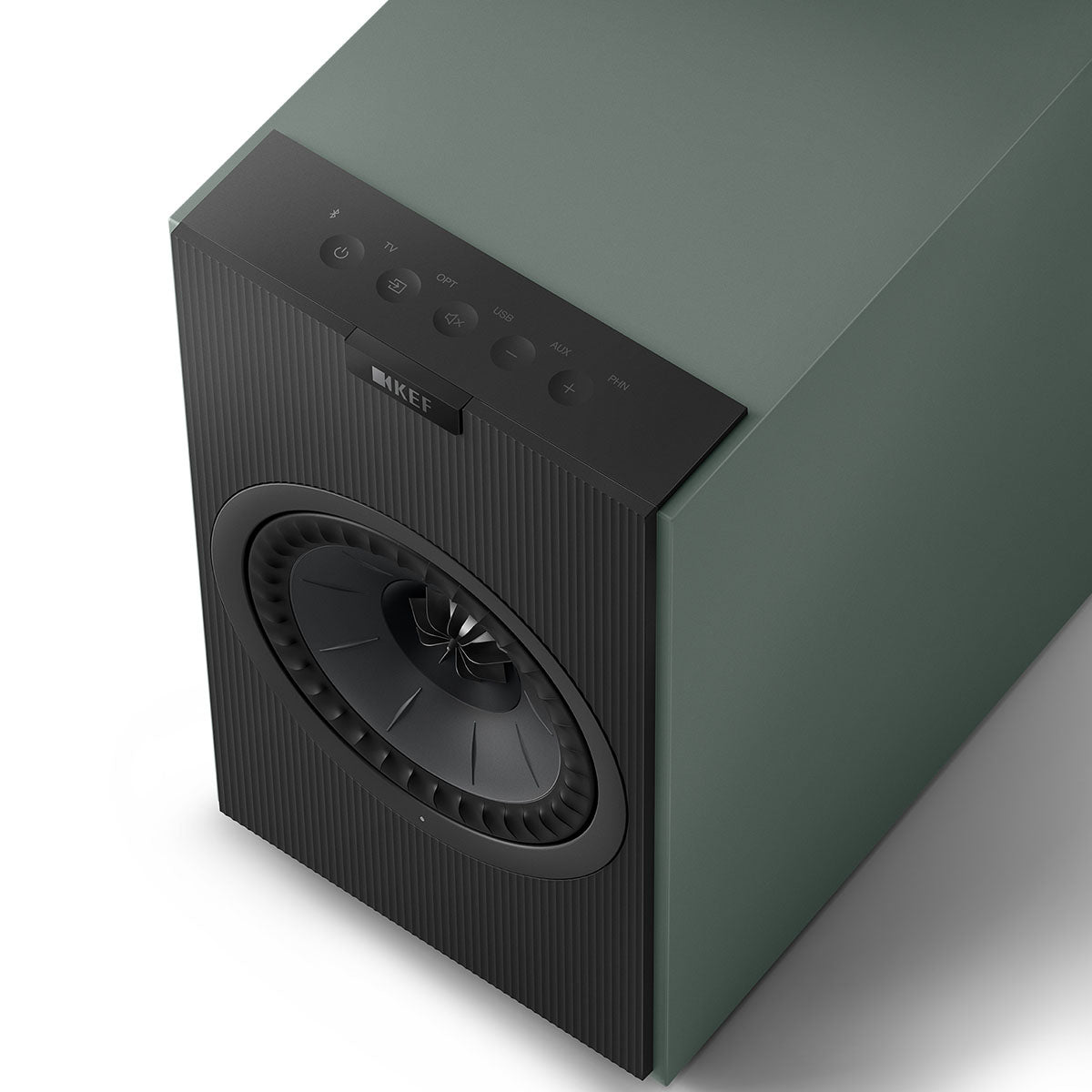 KEF Coda W Powered Speakers - Moss Green - top view of single speaker angled left