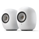 KEF LS Luxe Wireless HiFi Speakers - Pair of white speakers angled left