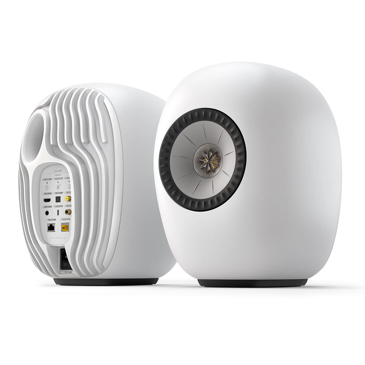 KEF LS Luxe Wireless HiFi Speakers - Pair of white speakers angled left with left speaker showing back side