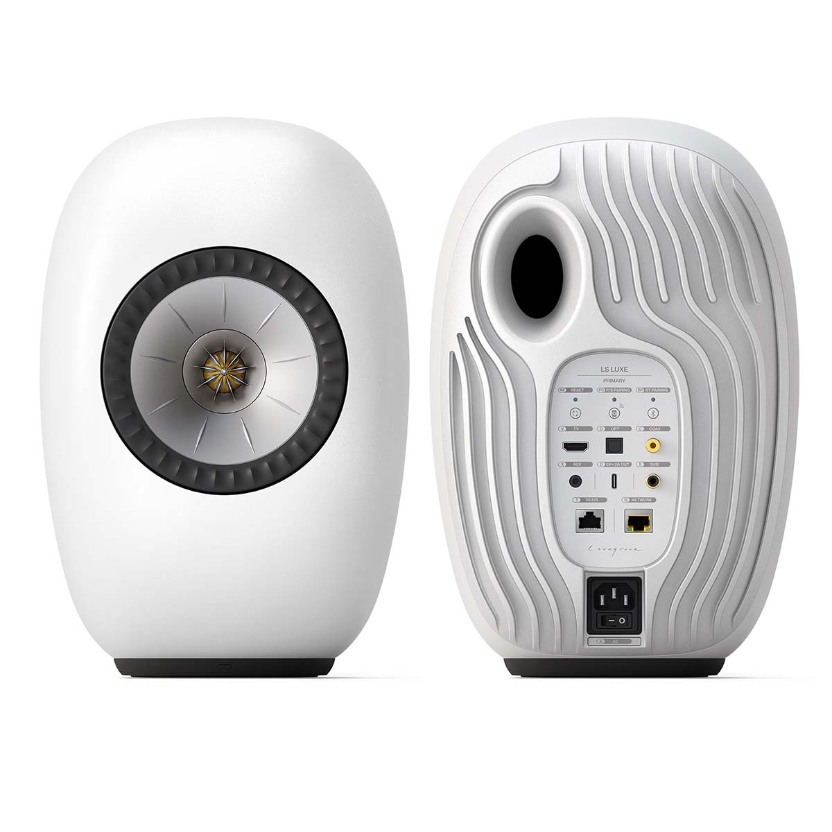 KEF LS Luxe Wireless HiFi Speakers - Pair of white speakers with right speaker showing back side