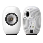 KEF LS Luxe Wireless HiFi Speakers - Pair of white speakers with right speaker showing back side