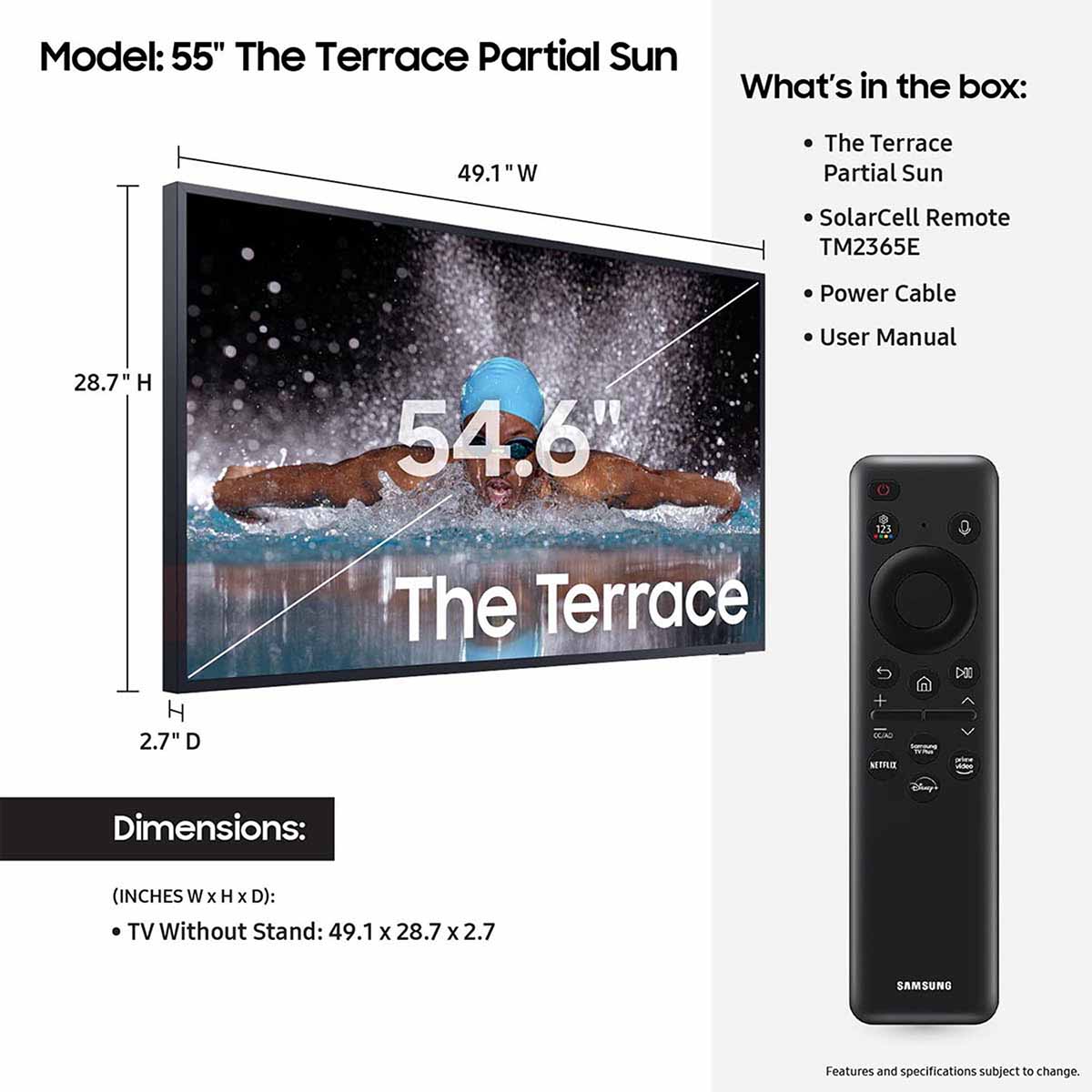 Samsung LST7D Terrace Partial Sun - dimensions and what's in the box - 55"