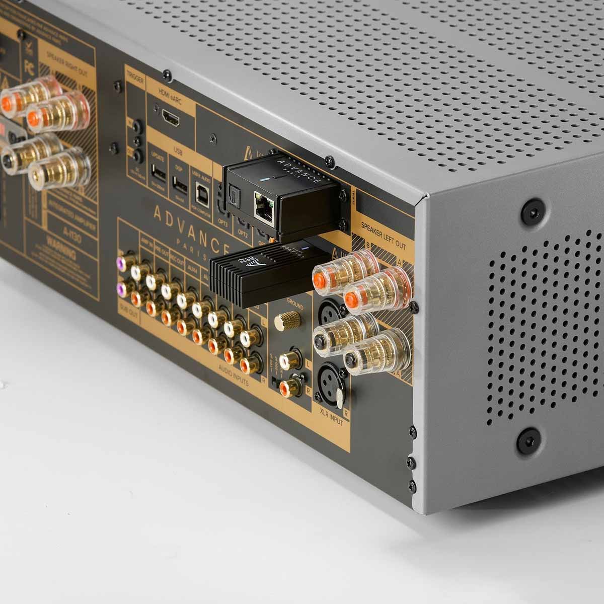 Advance Paris NOVA A-i130 Integrated Amplifier - Silver - rear view angled left detail of separately sold dongles installed