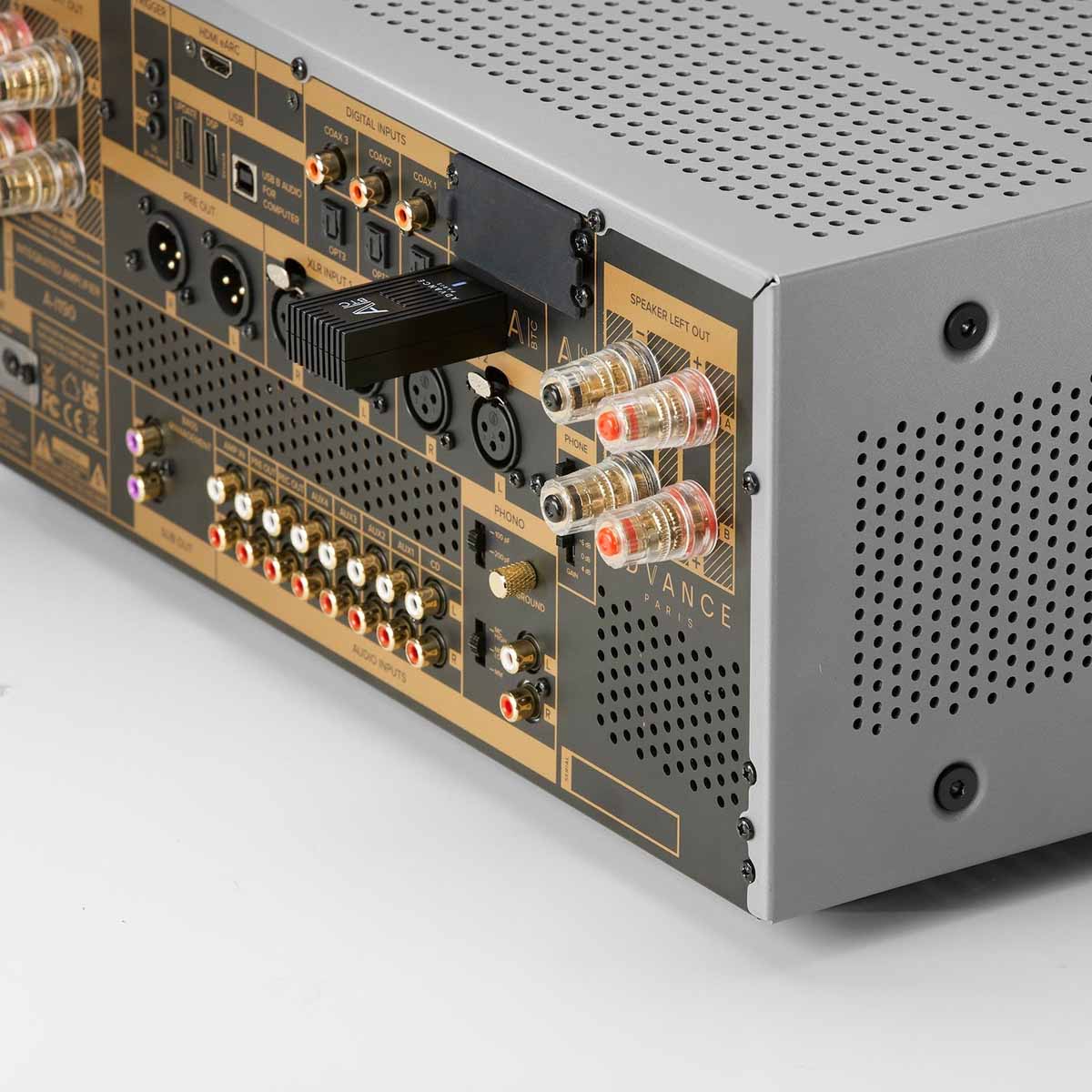 Advance Paris NOVA A-i190 Integrated Amplifier - Silver - rear view angled left detail of separately sold dongle installed