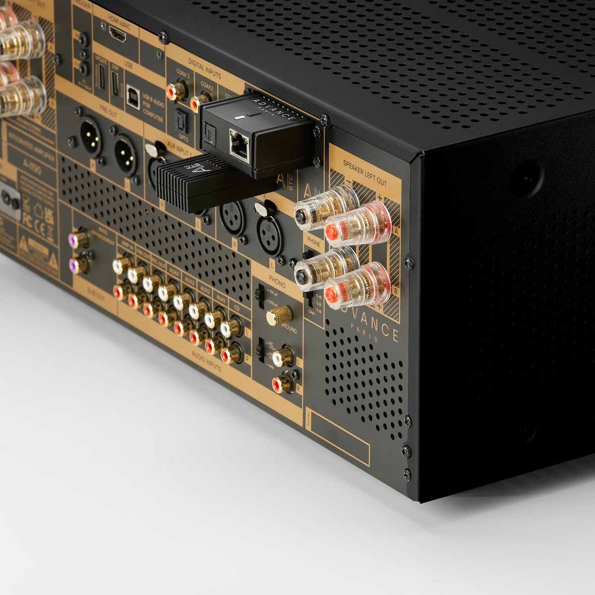 Advance Paris NOVA A-i190 Integrated Amplifier - Black - rear view angled left detail of separately sold dongles installed