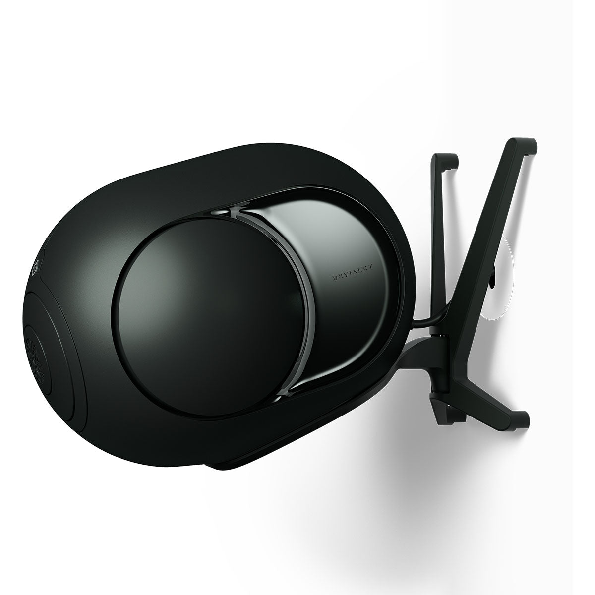 Devialet Phantom Ultimate 108 dB High-End Connected Speaker - Deep Forest - speakers on Devialet Gecko wall mount angled left