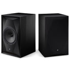 MoFi Electronics SourcePoint 10 Master Edition Bookshelf Speakers - Pair - Black - left speaker angled left without grille, right speaker angled right with grille
