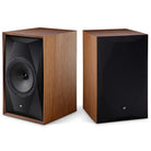 MoFi Electronics SourcePoint 10 Master Edition Bookshelf Speakers - Pair - Walnut - left speaker angled left without grille, right speaker angled right with grille