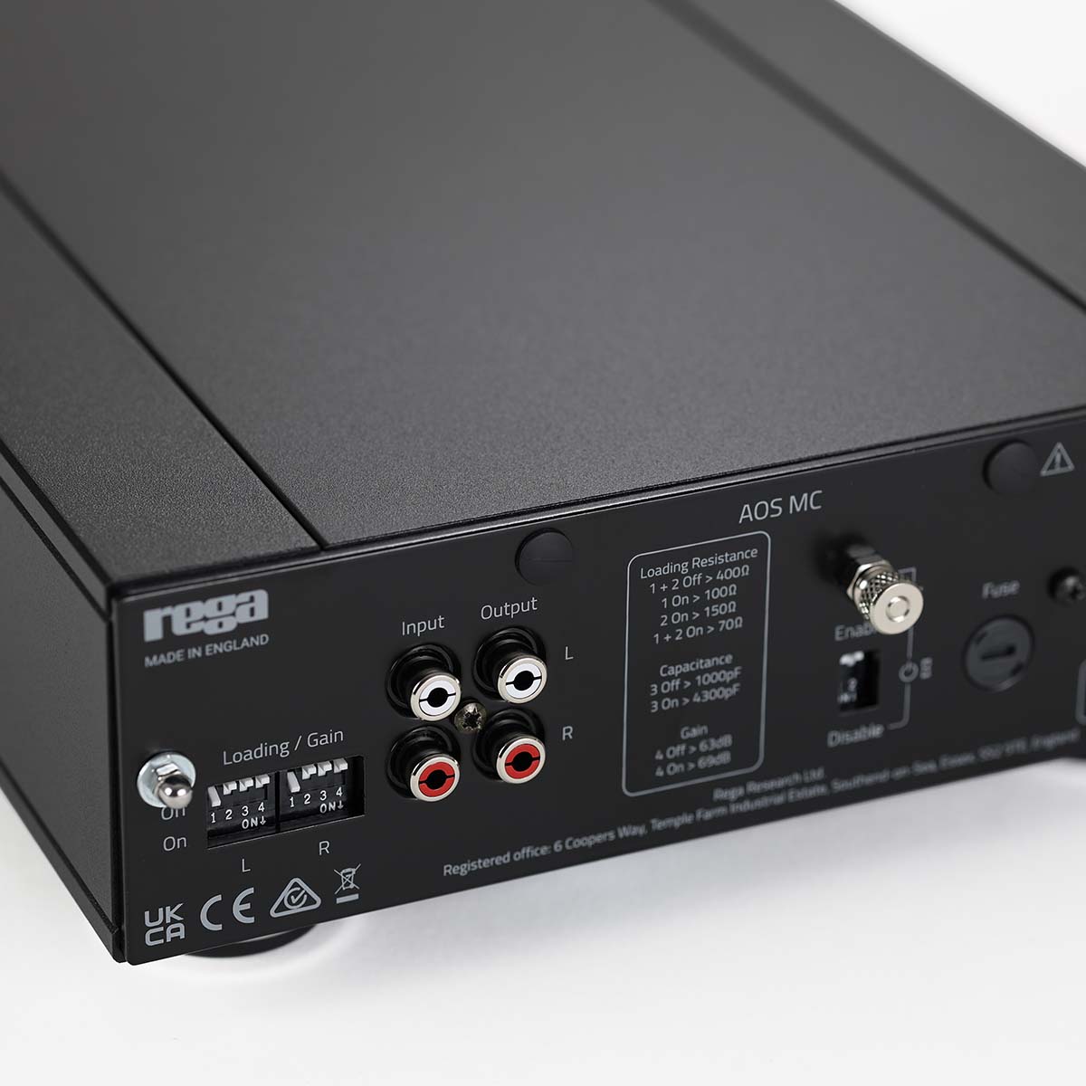 Rega AOS Moving Coil Preamplifier - rear and top view closeup angled right