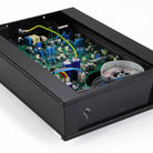 Rega AOS Moving Coil Preamplifier - top and front view angled right with top cover removed to show internal components