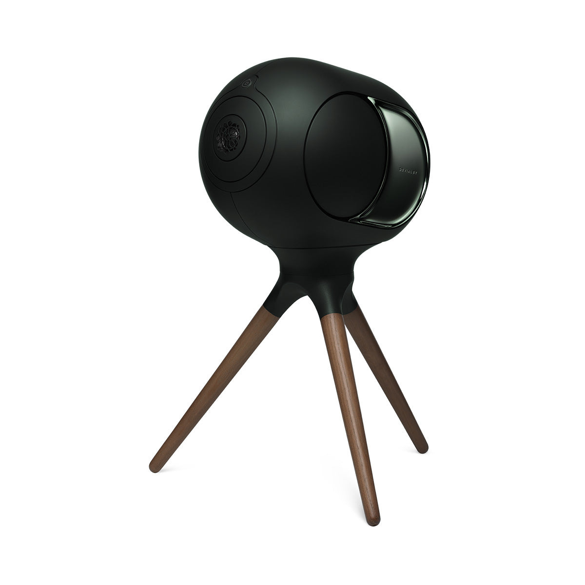 Devialet Phantom Ultimate 108 dB High-End Connected Speaker - Deep Forest - speaker on Devialet Deep Forest Treepod stand angled left