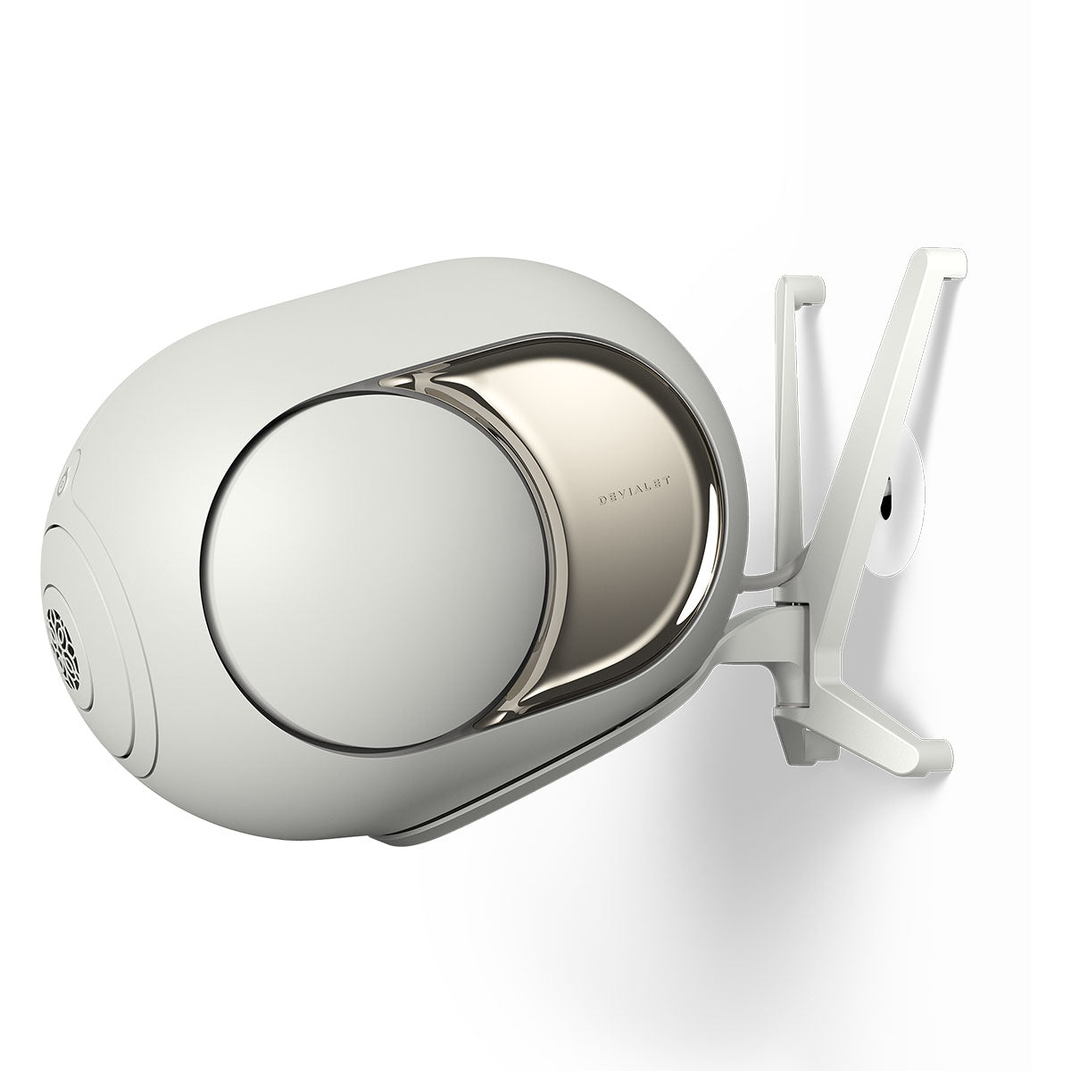 Devialet Phantom Ultimate 108 dB High-End Connected Speaker - Light Pearl - speakers on Devialet Gecko wall mount angled left