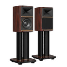 JBL Summit Ama Stand-Mount Loudspeakers - Ebony - Pair of speakers on stands angled right - left speaker without grille, right speaker with grille