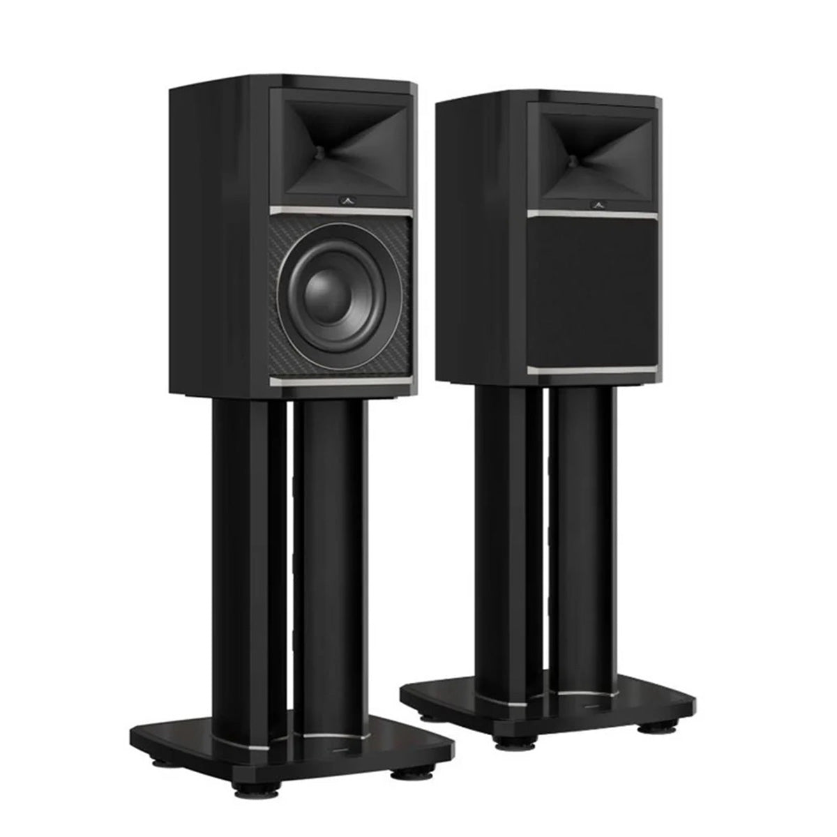 JBL Summit Ama Stand-Mount Loudspeakers - Black - Pair of speakers on stands angled right - left speaker without grille, right speaker with grille